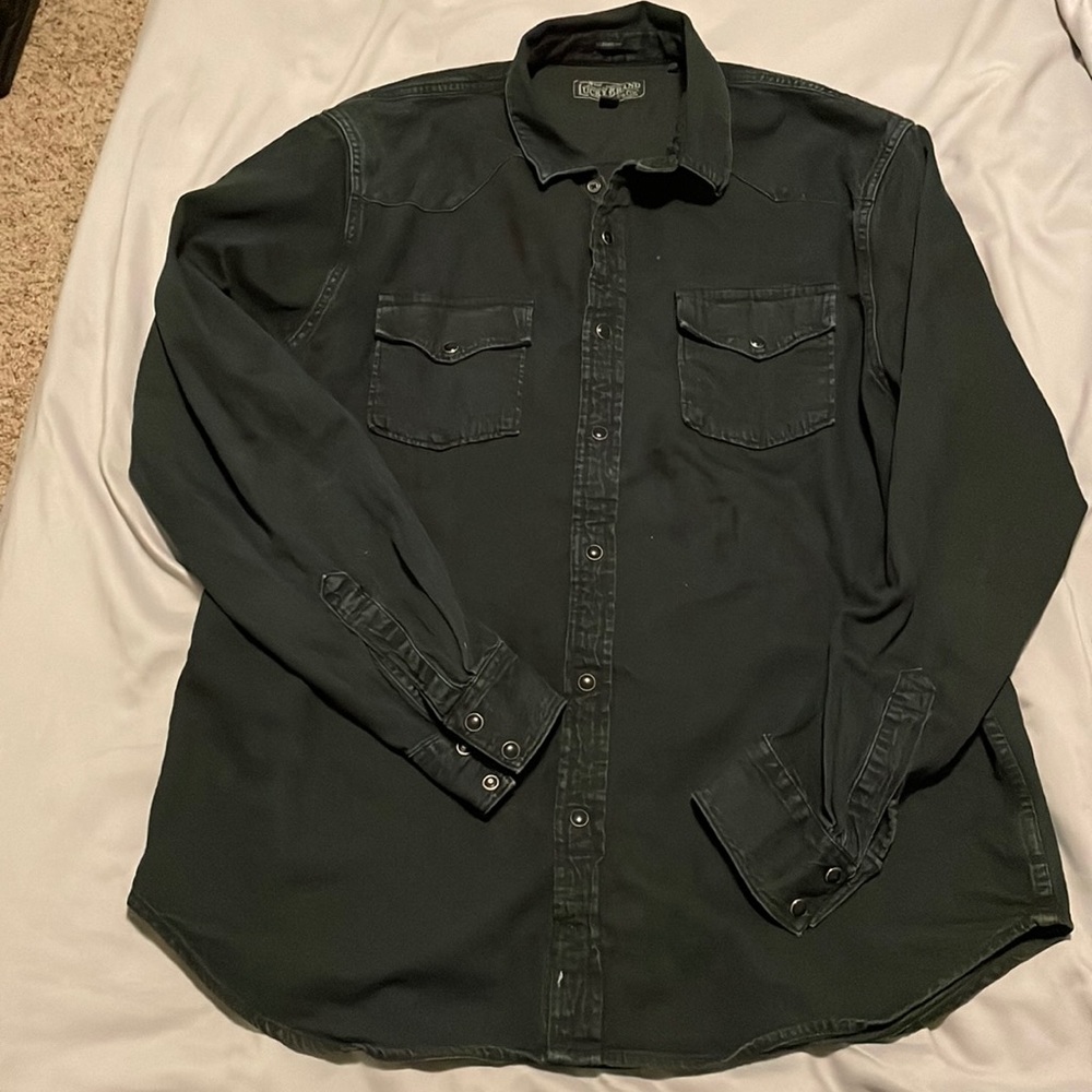 Mens Lucky Brand pearl snap western top. Black denim with vintage-y wash to it.
